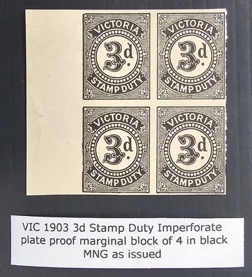 Victoria Australia 1903 Imperf Plate Prf Black 4X3d Black Stamp Duty MNG como emitido Foto 1 de 3