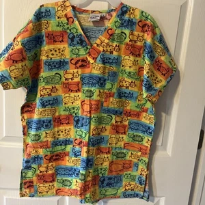 S.C.R.U.B.S. Unisex V Neck Short Sleeve Multi Colored With Cats Sz Med - Picture 1 of 6
