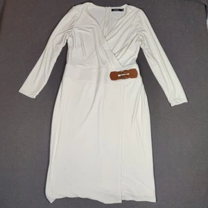 Polo Ralph Lauren Faux Wrap Crepe Midi Dress Cream Buckles Women's 12 Classic - Picture 1 of 14