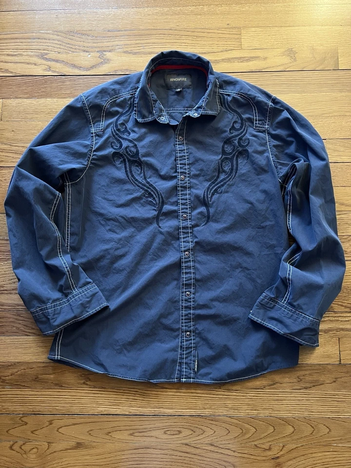 Camisa Y2K Anillo de Fuego Tribal Western L/S Abotonada XL Aflicción Polo Sur Foto 1 de 4