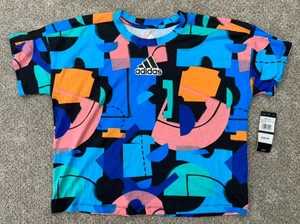 Adidas Shirt Youth Girl's Large (14) Blue Orange Black Print T-shirt Top - NWT - Picture 1 of 8
