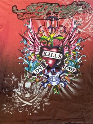 复古 Ed Hardy Skull Heart Love Kills 慢慢棕色橙色 T 恤 XL 短袖 — 第 1/4 张图片