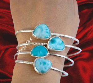 Larimar Gemstone Bangle Set, Sterling Silver Bangle, Boho Bangle Gift for Her - Picture 1 of 9