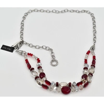 White House Black Market M/L 水晶链腰带红色白色串珠银色全新带标签 — 第 1/4 张图片