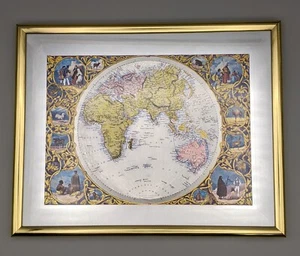 Farbe/Silberfolie altes Wort Tallis Karte der östlichen Hemisphäre, 10x8", gerahmt - Bild 1 von 9