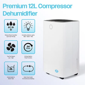 Prem-I-Air 12L Compressor Dehumidifier - Humidity Sensor Light - 24hr Timer - Picture 1 of 8
