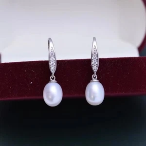 925 Solid Sterling Silver White Oval 4A Pearl Hook Drop/Dangle 1'' Earrings - Picture 1 of 6