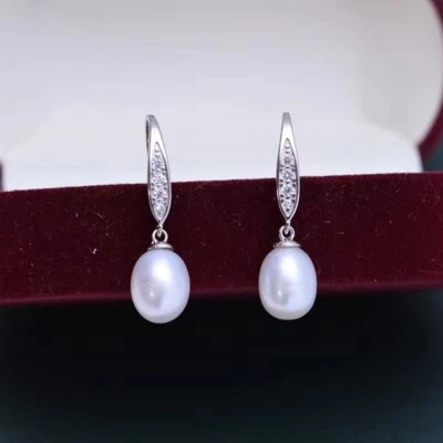 925 Solid Sterling Silver White Oval 4A Pearl  Hook Drop/Dangle 1'' Earrings - Image 1 of 4