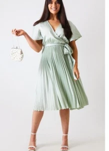 IN THE STYLE Pleated Midi Dress Belted Size 12 16 18 24 & 28 Sage Green NEW PK88 - Picture 1 of 7