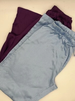 Juego de 2 pantalones de pijama de satén sedoso para mujer cintura elástica pequeña púrpura y azul Foto 1 de 4