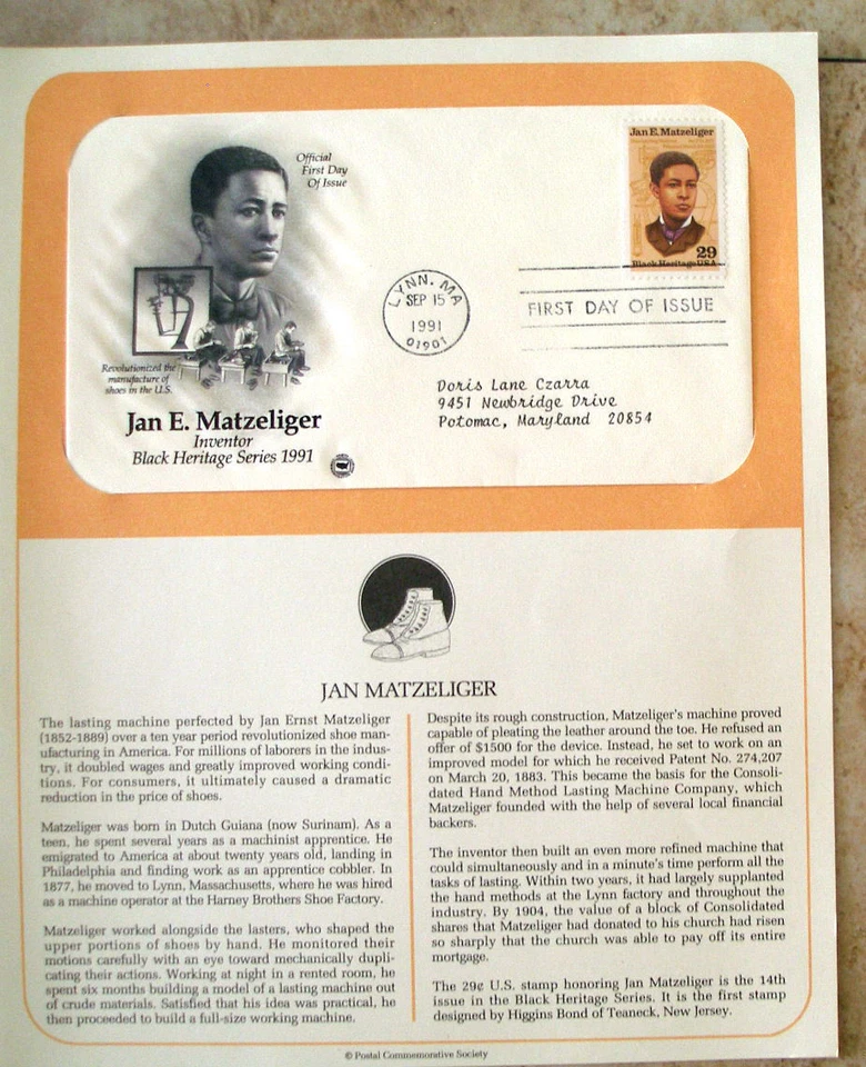 Postal Society First Day Cover FDC  #  2567 29 cent Jan E. Matzeliger 1991 - Image 1 of 1