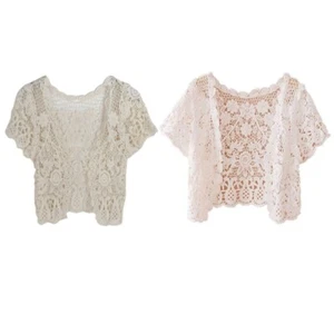 Women Short Sleeve Crochet Shrug Hollow Out Floral Lace Open Front Mini Cardigan - Picture 1 of 17