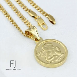 18" Cuban Curb Chain,23mm ANGEL Pendant Gold Stainless Steel Unisex + Box - Picture 1 of 3