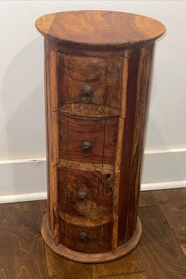 Vintage Solid Wood Four-Drawer Drum Chest, Round Nightstand 24” T x 12” Diameter - Image 1 of 4