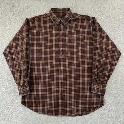 Camisa Orvis Para Hombres Grande Marrón Botón Firma Cuadros Manga Larga Seda Lana Preppy Foto 1 de 4