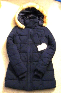 NWT St Johns Bay Puffer Jacket Womans Size X-Small Navy Faux Fur Hooded Coat - Picture 1 of 2
