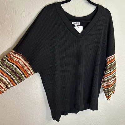 Ribbed Knit Sweater Whimsigoth Grunge Boho Striped Sleeve V-Neck 2XL Retro - Image 1 of 4