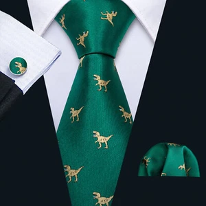 Mens Tie Green Dinosaur Necktie Handkerchief Cufflinks (Pattern randomization) - Picture 1 of 4