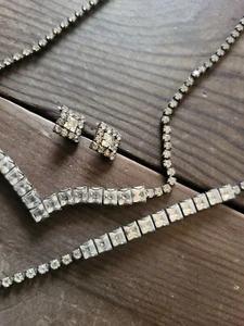 Vintage Estate Art Deco Crystal Rhinestone Necklace Earrings Bracelet Set - Picture 1 of 18