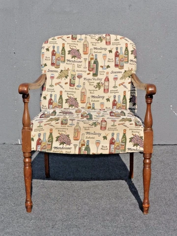 Vintage Accent Arm Chair French Country  w/ Wine Bottles & Wine Glasses Fabric Cover