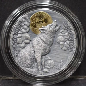 Niue 2020 Gray Wolf Wildlife in the Moonlight Silver Coin - Picture 1 of 4