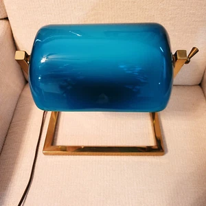 Vintage Bankers Desk Lamp With Rare Teal Glass Shade & Brass Base - Picture 1 of 5