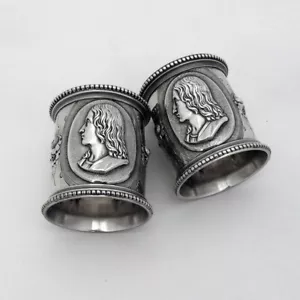 High Relief Medallion Beaded Napkin Rings Pair Coin Silver 1865 Mono - Picture 1 of 5