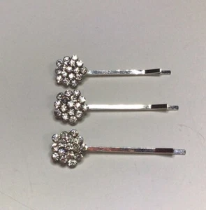 Rhinestone Cluster Bobby Pins Clear Silver Tone 1 7/8 Inch Long Set Of 3 - Picture 1 of 8