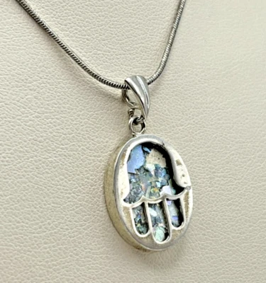 925 Sterling Silver Snake Chain 20" Necklace with Blue Opal Hamsa Pendant - Image 1 of 4