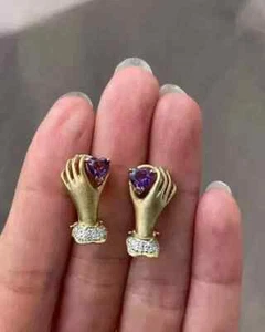 1Ct Heart Cut Lab Created Amethyst Women's Stud Earrings 14k Yellow Gold Plated - Picture 1 of 4