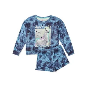 Justice Girls Tie Dye Blue Fleece Long Sleeve Top & Sleep Short 2PC PJ Set - Picture 1 of 4