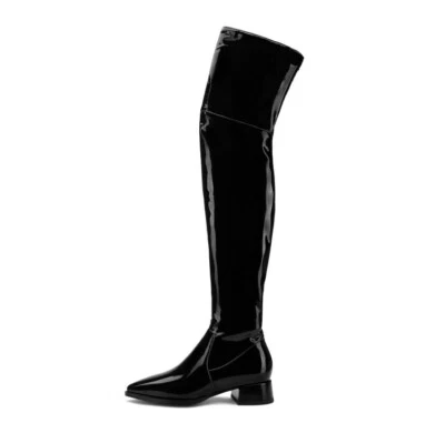 Trendy Women Thigh High Boots Pointy Toe Chunky Heel Black Shoes Big Size 4-13 - Image 1 of 4