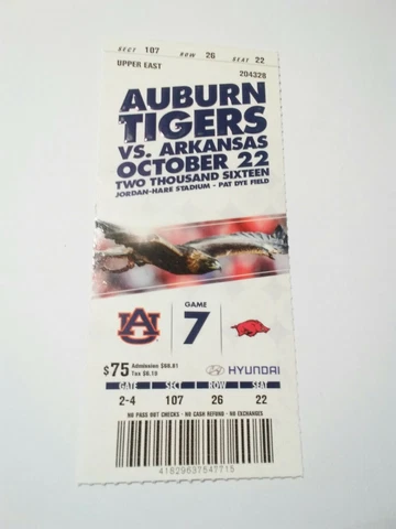 2016 Auburn Tigers Arkansas Football Ticket Stub Cover