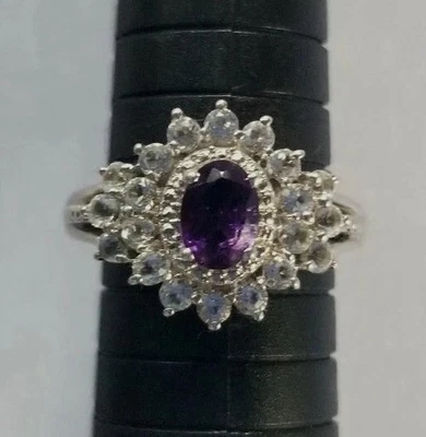 Uruguayan Purple Amethyst White Topaz Ring  Size 9 Platinum Over Sterling Silver - Image 1 of 4