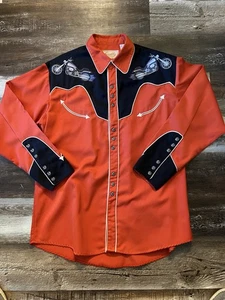Scully Western Shirt Men L Black Pearl Snap Embroidered Harleys Rockabilly - Picture 1 of 8