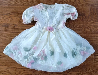 Vintage Honeybee 3T Dress Damask Rose Floral Tie Back Tulle Flower Girl Formal - Image 1 of 4