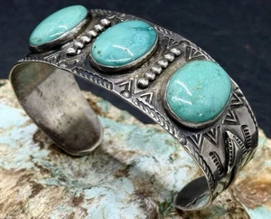 Increíble Brazalete Flecha Turquesa Gema Esterlina Navajo Era Fred Harvey Grande - Imagen 1 de 18