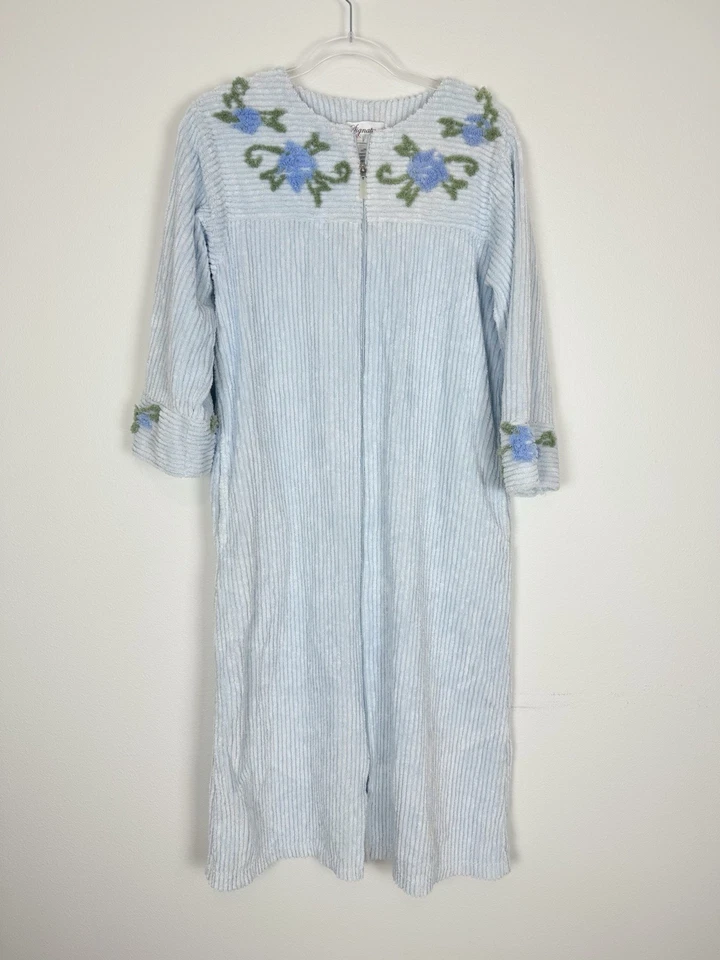 Stan Herman Chenille House Dress Womens Small Light Blue Zip Up Embroidery - Image 1 of 4