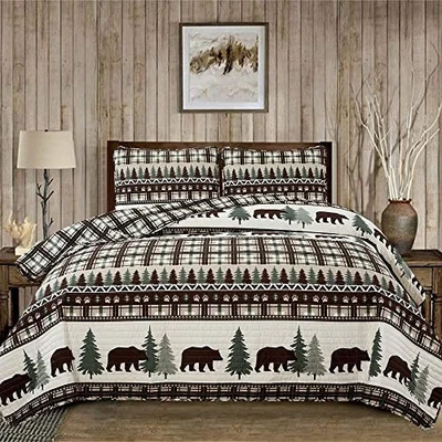 Juego de edredón reversible de 3 piezas con fundas | Todo completo / Queen Chocolate / Verde Foto 1 de 4