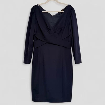Elie Tahari Zoe Sheath Long Sleeve V-neck Form Fitting Dress Dark Blue Size 12 - Image 1 of 4