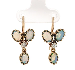 14k Yellow Gold Genuine Natural Opal Diamond Drop Earrings w/Lively Color #J7297 - Picture 1 of 11