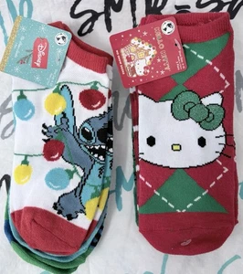 Kohls 2 sets of 3 "Lilo Stitch" and "Hello Kitty" Christmas Socks Size 4-10 NWT - Picture 1 of 10