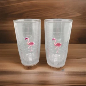 EUC Set Of 2 Tervis 16 oz. Tumbler Embroidered Pink Flamingo Insulated Cup - Picture 1 of 5
