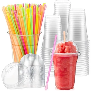100 Sets 16 Unzen Klar Slushie Becher mit Kuppel Deckel und Schnee Kegel Löffel Strohhalme, D... - Bild 1 von 6