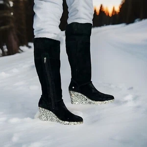 UGG 11M USA Ladies Black Boots Bling Wedge Heels Tall Après-Ski Glam Rhinestones - Picture 1 of 11
