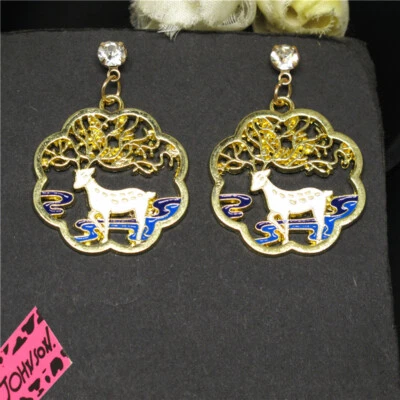 New White Enamel Sheep Mythical Lamb Crystal Fashion Women Stand Earring Gifts - Image 1 of 4
