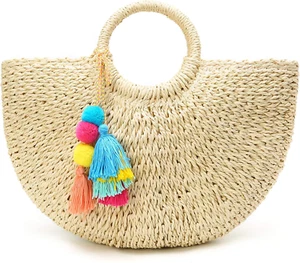 Womens Large Straw Beach Tote Bag Hobo Summer Handwoven Bags Purse Wth Pom Poms - Picture 1 of 1