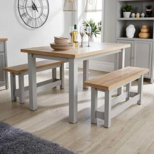 Breakfast Table and Bench Set of 2 Grey Painted Oak Two Tone Avon 36mm Top - Picture 1 of 9
