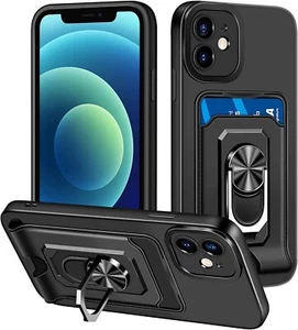 iPhone 12 Phone Case Protective Cover Card Slot Wallet Ring Holder Stand Bumper - Picture 1 of 7