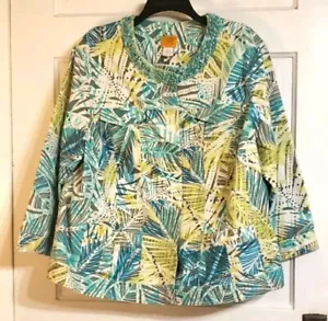 Ruby Rd. Womens Denim Jacket Tropical Green Blue Palm Print 3/4 Sleeve Sz 20W - Picture 1 of 7